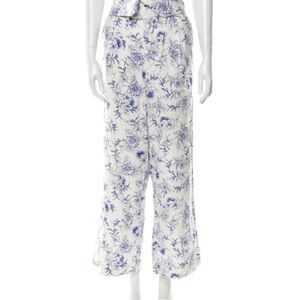 Jason Wu Wide Leg Linen Blue Floral Print Trousers Size 10